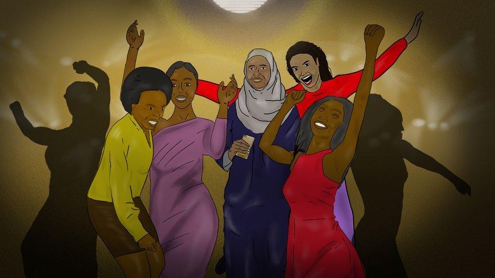 An illustration of women of all walks of life, including those in hijabs dancing on the dance floor