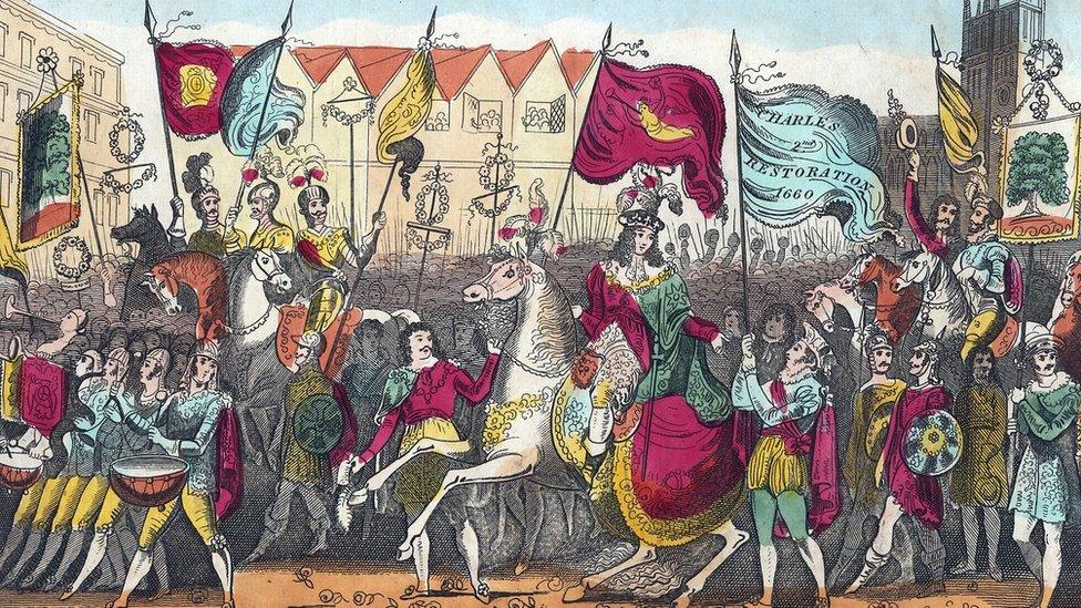 Illustration-of-Charles-II-entering-London-after-the-restoration-of-the-monarchy.