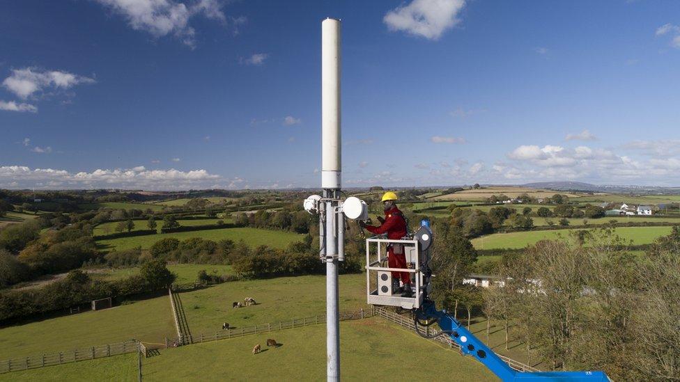 An engineer working on a mobile phone mast in a rural setting