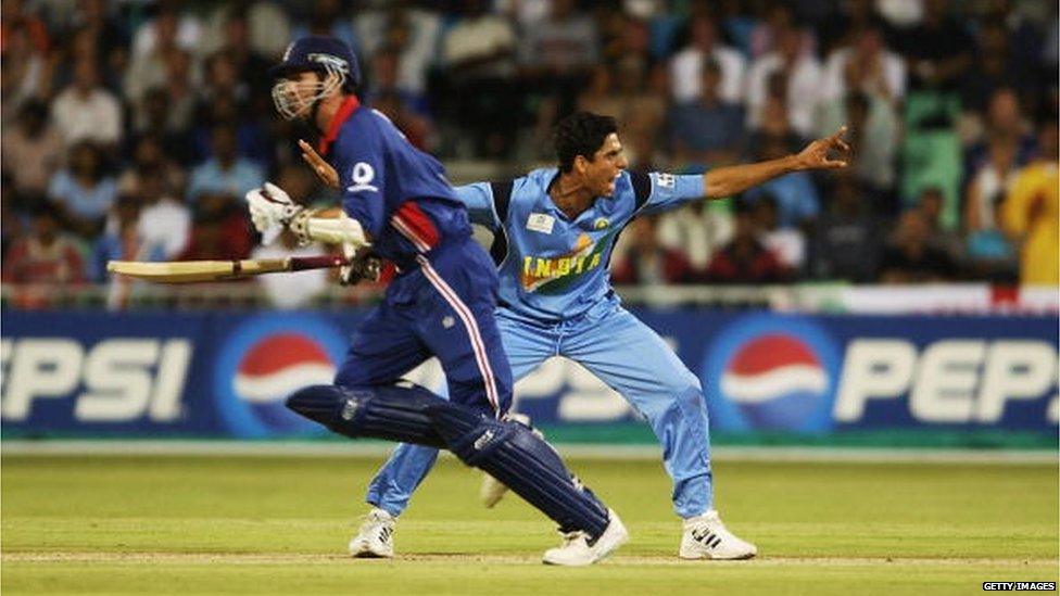 Ashish Nehra of India celebrates the wicket of Alec Stewart of England during the ICC Cricket World Cup 2003, Pool A match between England and India held on February 26, 2003 at Kingsmead in Durban, South Africa. India won the match by 82 runs. (Photo by Shaun Botterill/Getty Images)