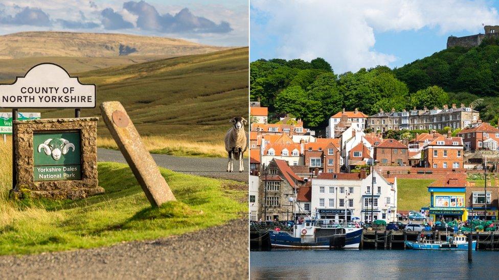 North Yorkshire sign (left), Scarborough (right)