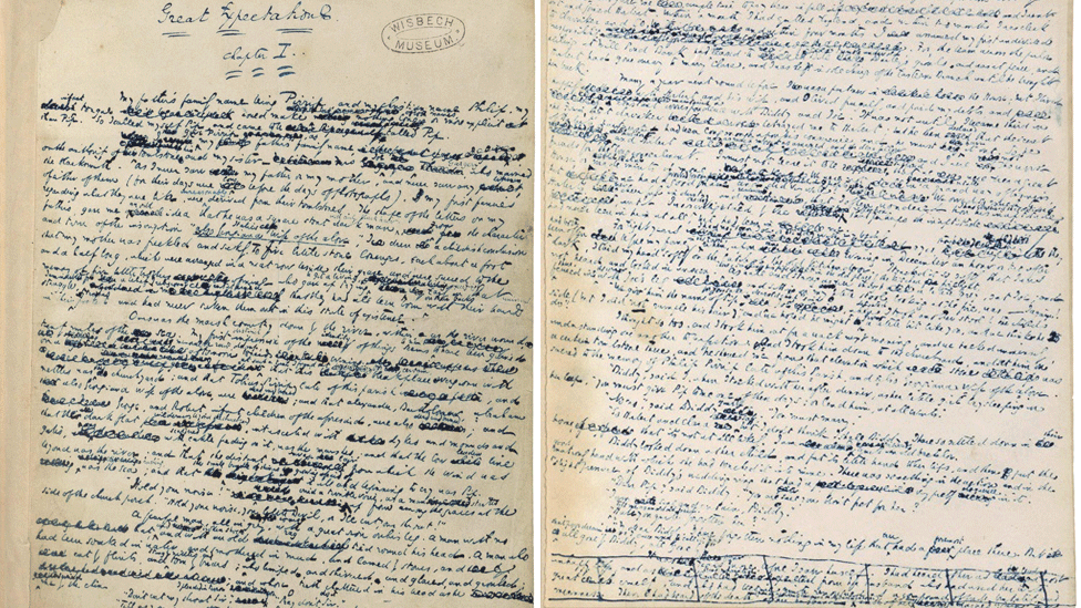 Two pages of the original manuscript in illegible handwriting. Great Expectations and Chapter 1 can be made out at the top of one page, stamped with Wisbech Museum