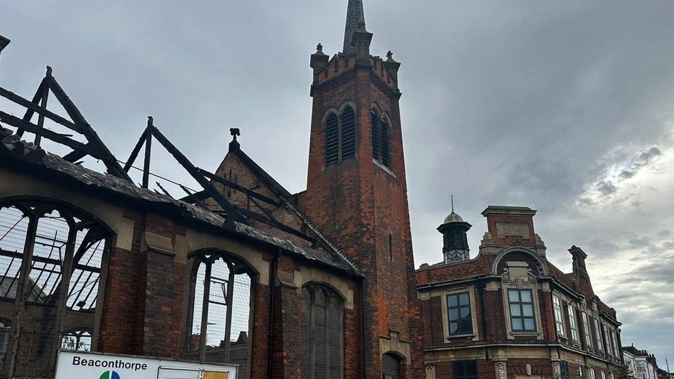 The burnt-out church in Grimsby Road, Cleethorpes