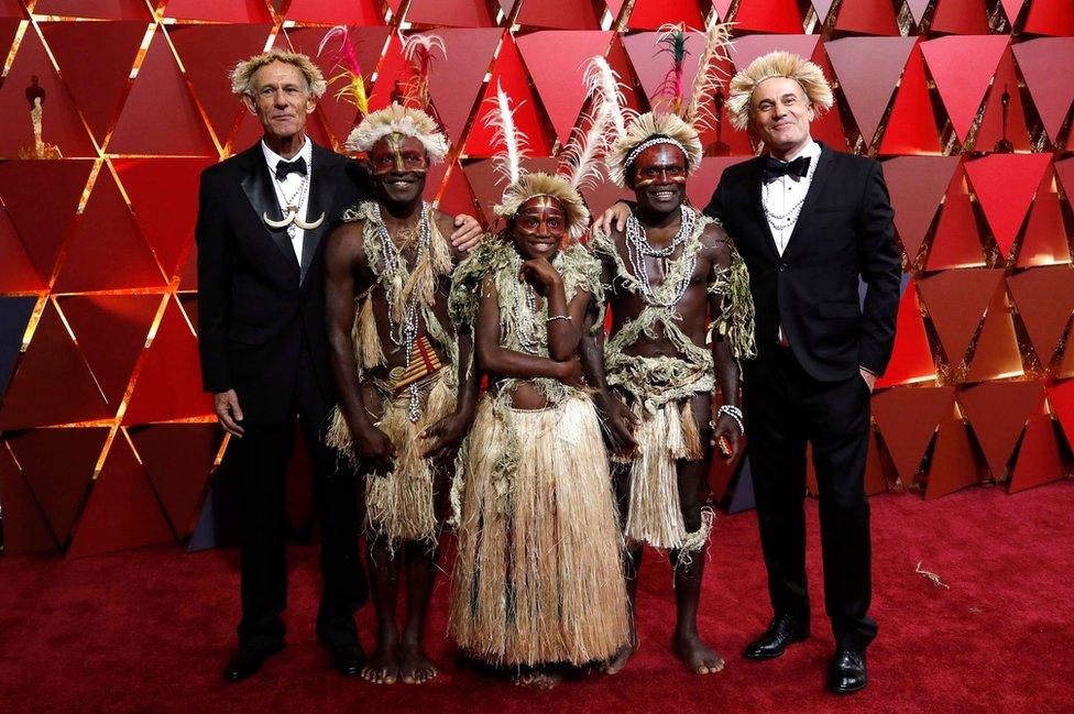 Directors Martin Butler (left) and Bentley Dean (right) pose with cast members from Australia's Best foreign language film nominee Tanna