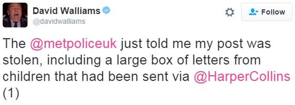 David Walliams: The @metpoliceuk just told me my post was stolen, including a large box of letters from children that had been sent via @HarperCollins (1)