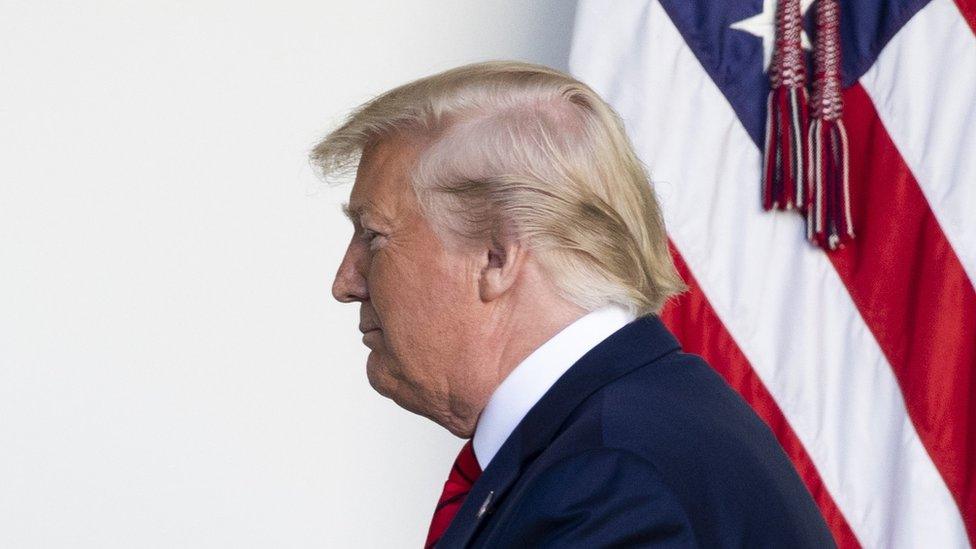 US President Donald J. Trump walks down the Colonnade upon his departure from an event hosting the 2019 Stanley Cup