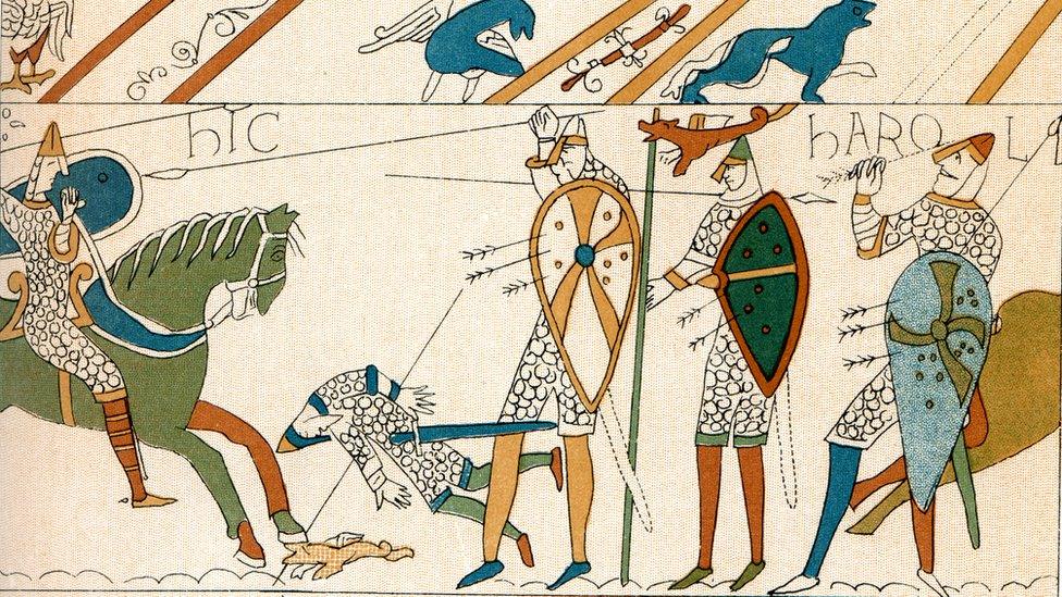 The Bayeux Tapestry depicting the death of King Harold in the Battle of Hastings