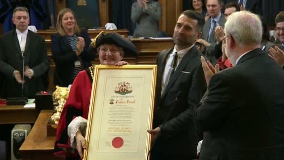 Francis Benali receiving honorary freedom of the city