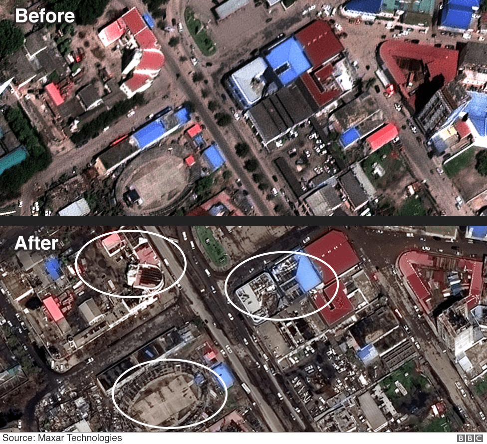 Before and after images of downtown Beira showing many buildings have lost their roofs