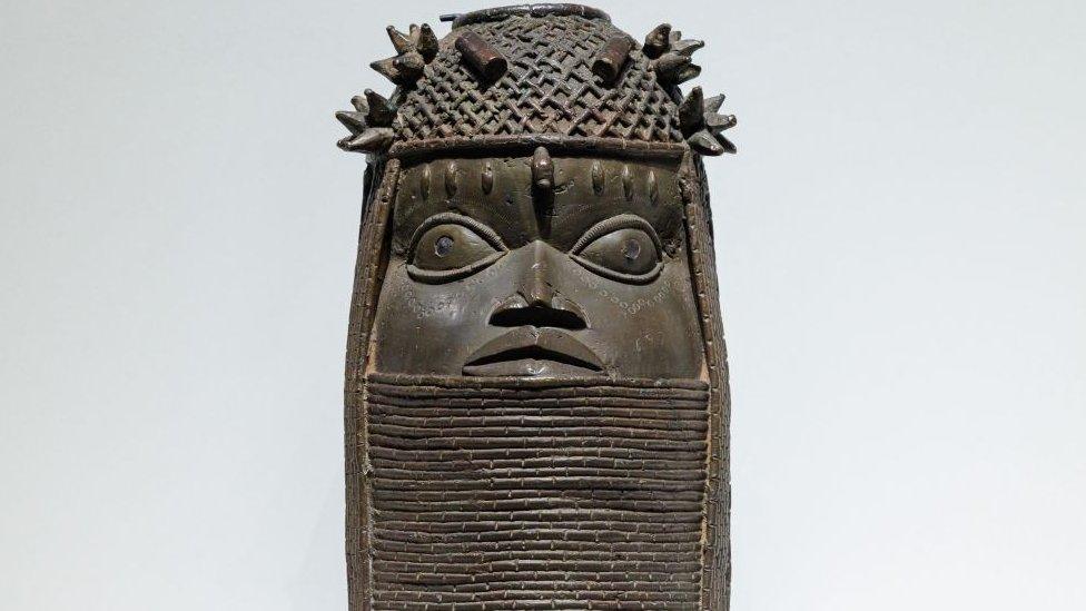 A 'Memorial Head' (Unhunmwun elau, Nigeria, Benin Kingdom, collected in Nigeria and acquired 1898 from Edouard Schmidt) is displayed as part of an exhibition on the 'Benin Bronzes' during a press preview of new exhibition halls ahead of their opening in the east wing of the new Berlin Palace Humboldt Forum in Berlin on September 15, 2022