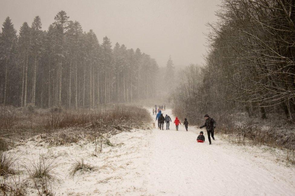 People in the snow at Cairn Wood