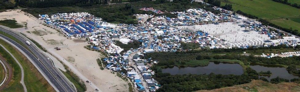 A aerial photograph of the Calais migrant camp known as the Jungle