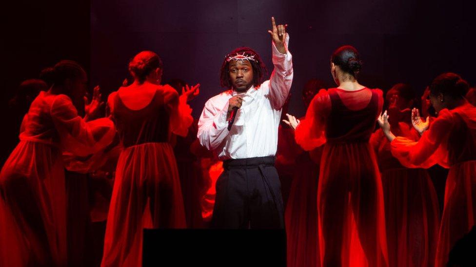 Kendrick Lamar performs on the Pyramid stage during day five of Glastonbury Festival at Worthy Farm