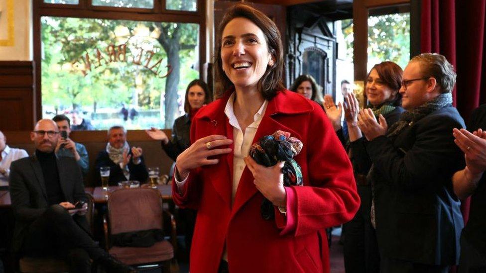 MEP Valerie Hayer takes part in a public meeting, as part of the campaign for the European elections, in Strasbourg, eastern France on April 22, 2024