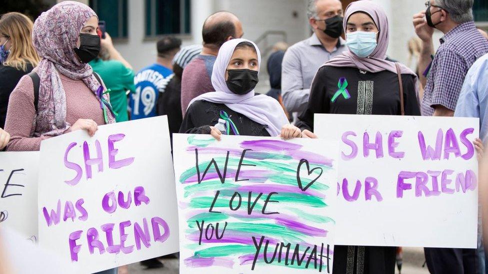 Friends of Yumna Afzaal show their support at a vigil for her and her family