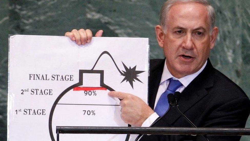 Israeli Prime Minister Benjamin Netanyahu points to a red line he drew on the graphic of a bomb used to represent Iran's uranium enrichment activities during a speech at the UN General Assembly in New York (27 September 2012)