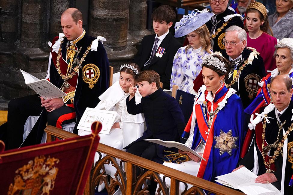 The Prince of Wales, Princess Charlotte, Prince Louis, the Princess of Wales and the Duke of Edinburgh at the coronation ceremony