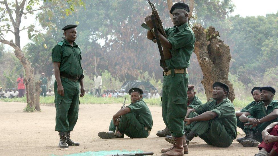 Fighters of former Mozambican rebel movement Renamo receive military training in November 2012 in Gorongosa's mountains, Mozambique.