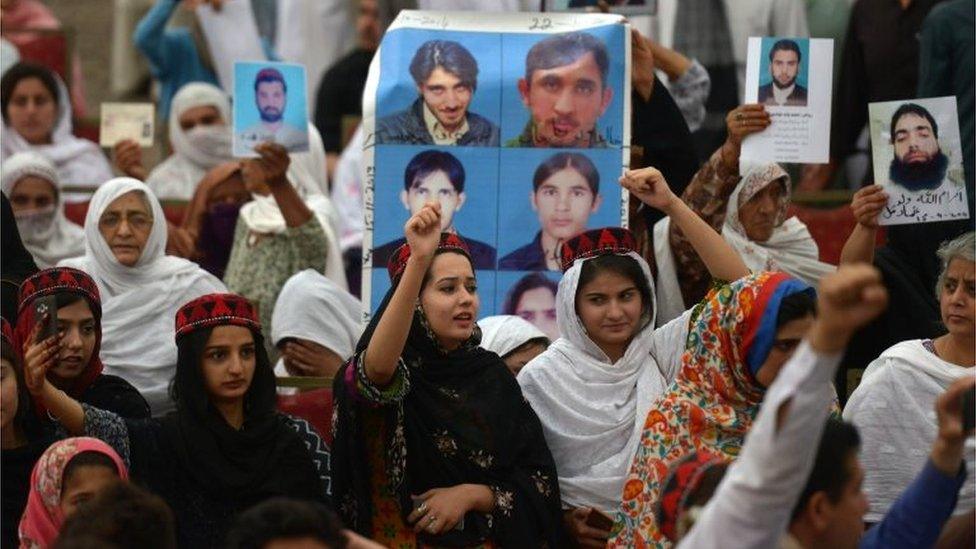 Demonstrators of Pashtun Protection Movement gather at a public rally in Peshawar on April 8, 2018.