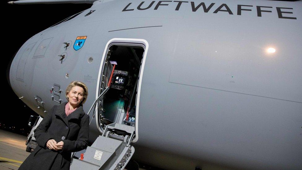 German Defence Minister Ursula von der Leyen by the plane