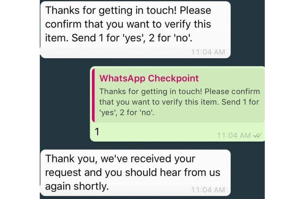 Screenshots showing WhatsApp checkpoint's service responding to a BBC message asking for confirmation that we want to verify an item