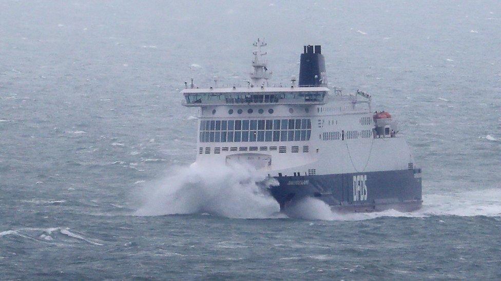 A DFDS ferry arrives in bad weather at the Port of Dover in Kent, as winds of up to 70mph are expected along the coast during the next 36 hours along with up to 90mm of rain as Storm Francis hit the UK.