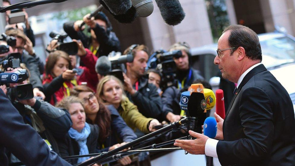 French President Francois Hollande with journalists at EU summit, 23 Sep 15