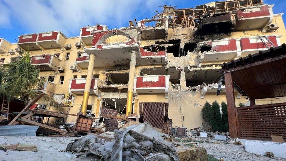 A view of the outside of the Hayat Hotel after an Al Qaeda linked Al Shabaab attack which lasted over 30 hours and left many dead and injured in Mogadishu