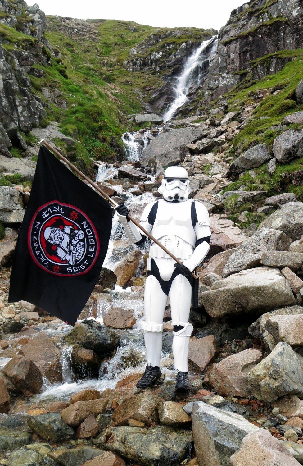 Ashley Broomhall in stormtrooper outift on Ben Nevis