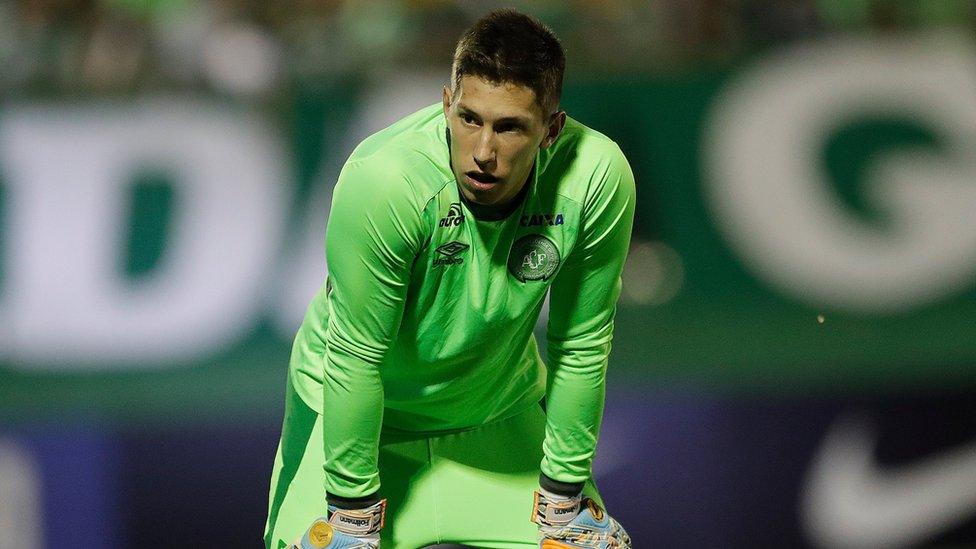 Brazil's Chapecoense goalkeeper Follmann, warms up prior to a Copa Sudamericana semifinal soccer match against Argentina's San Lorenzo on 29 November