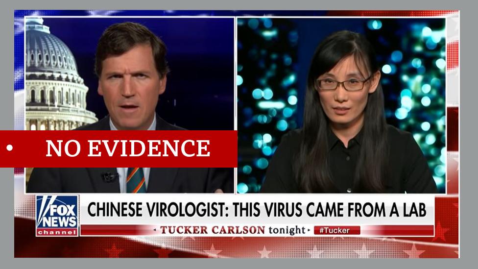 A screenshot of a Fox news interview with the caption "Chinese virologist: the virus came from a lab" labelled "No evidence".