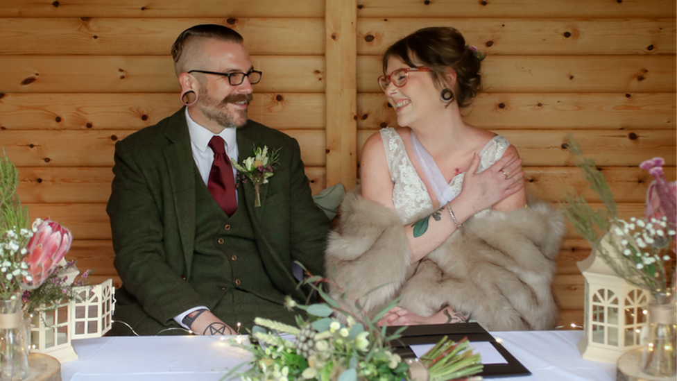 Heather and Richard Odams in the summerhouse on their wedding day