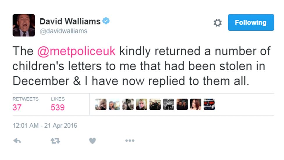 David Walliams tweet saying that Met Police have 'kindly returned a number of children's letters to me that had been stolen in December & I have now replied to them all'.