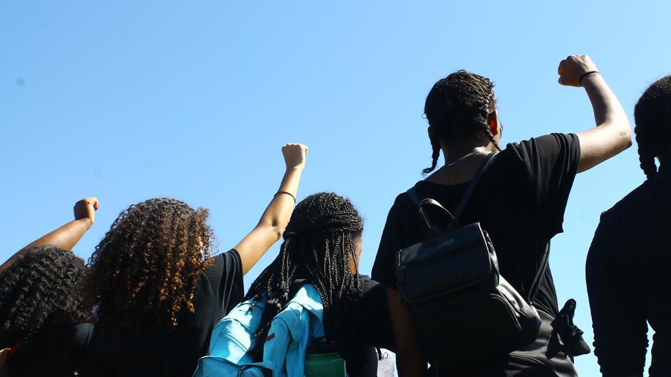 Protesters on the Cal Poly campus after the blackface photo incident