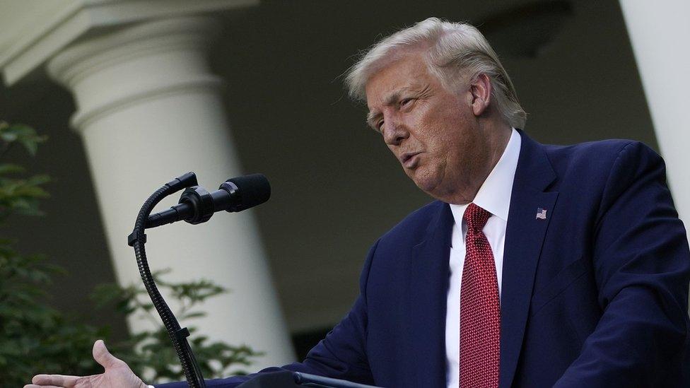 U.S. President Donald Trump speaks to the media in the Rose Garden at the White House on July 14, 2020 in Washington, DC