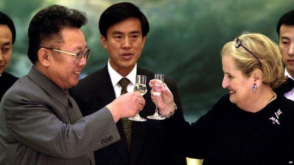 Former North Korean leader Kim Jong-Il, left, toasts US Secretary of State Madeleine Albright at a dinner in Pyongyang in 2000.