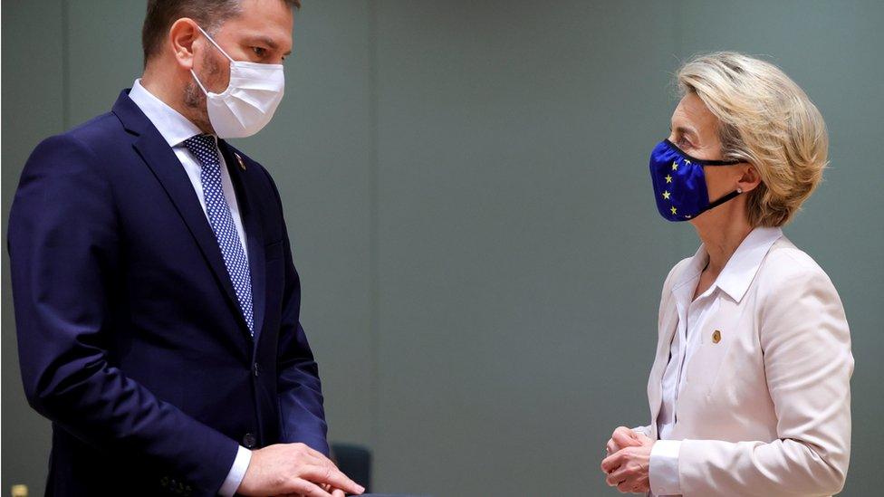 Slovakia's Prime Minister Igor Matovic with European Commission President Ursula von der Leyen at an EU summit in Brussels, Belgium, 10 December 2020