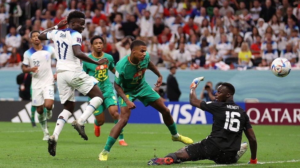 Bukayo Saka scoring England's third goal