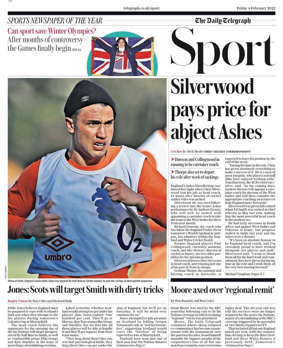 The front page of the Daily Telegraph sports section
