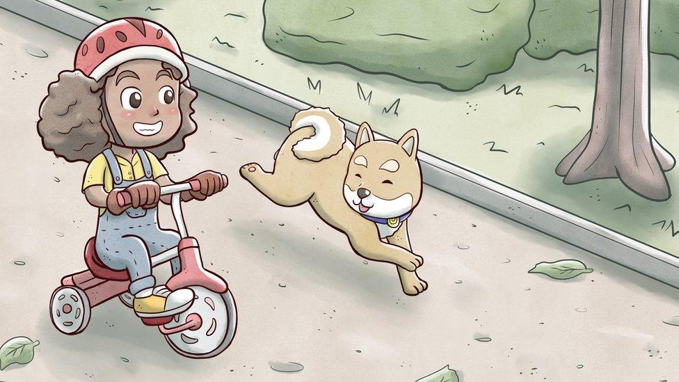 Illustration of a little girl with dark skin on her bike accompanied by a dog