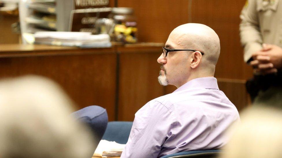 Alleged serial killer Michael Gargiulo, known as the "Hollywood Ripper," listens as Ashton Kutcher testifies during Gargiulo's trial of at the Clara Shortridge Foltz Criminal Justice Center on May 29, 2019 in Los Angeles, California