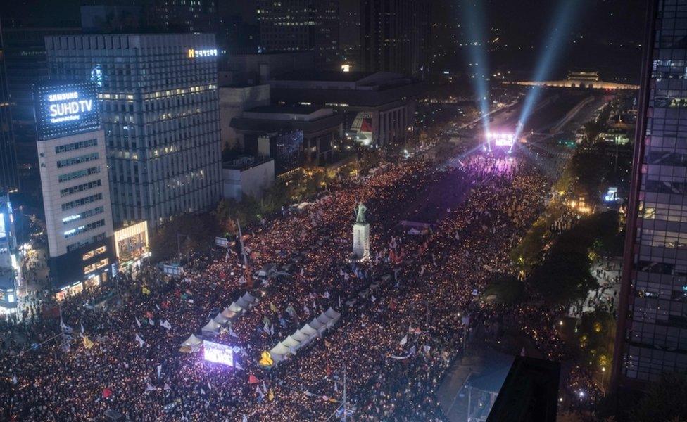 Protesters in Gwanghwamun square, Seoul