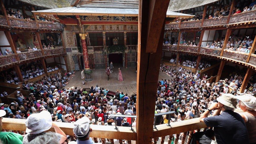 A performance of a Shakespeare play at the Globe Theatre in London