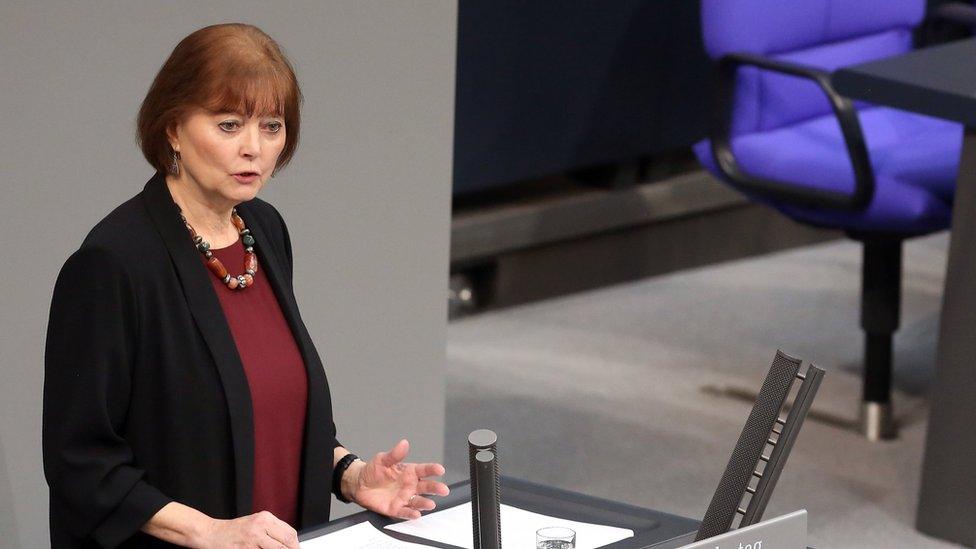 Sigrid Falkenstein, niece of Holocaust victim Anna Lehnkering, murdered in 1940 in the Grafeneck death camp, speaks during an hour of commemoration at the Bundestag