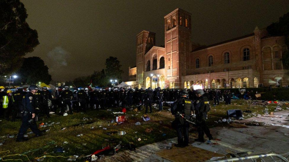 Police clear a pro-Palestinian encampment on the campus of the University of California, Los Angeles