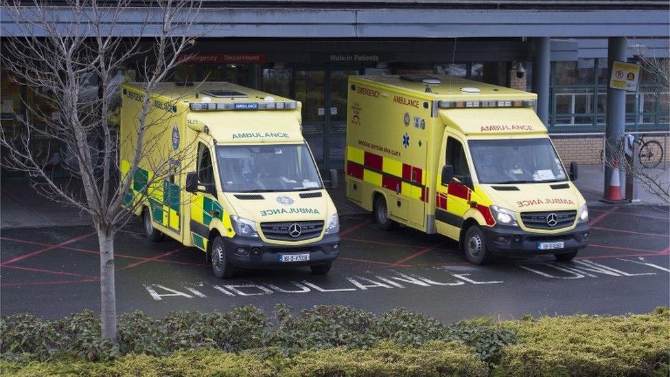 Emergency ambulances pictured at an Accident and Emergency Department of a Dublin City Hospital, in Dublin, Ireland, 12 January 2021. Ireland is currently witnessing a enormous surge of COVID-19 cases after the Christmas season. EPA/STR