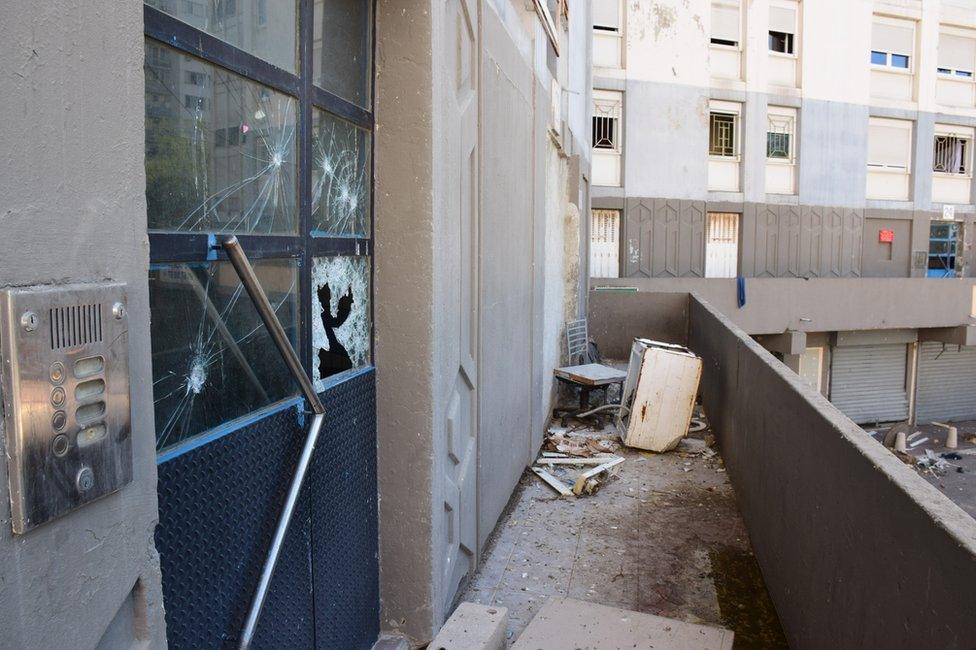 Bullet damage at an abandoned flat in Les Flamants, Marseille, 10 April 2017