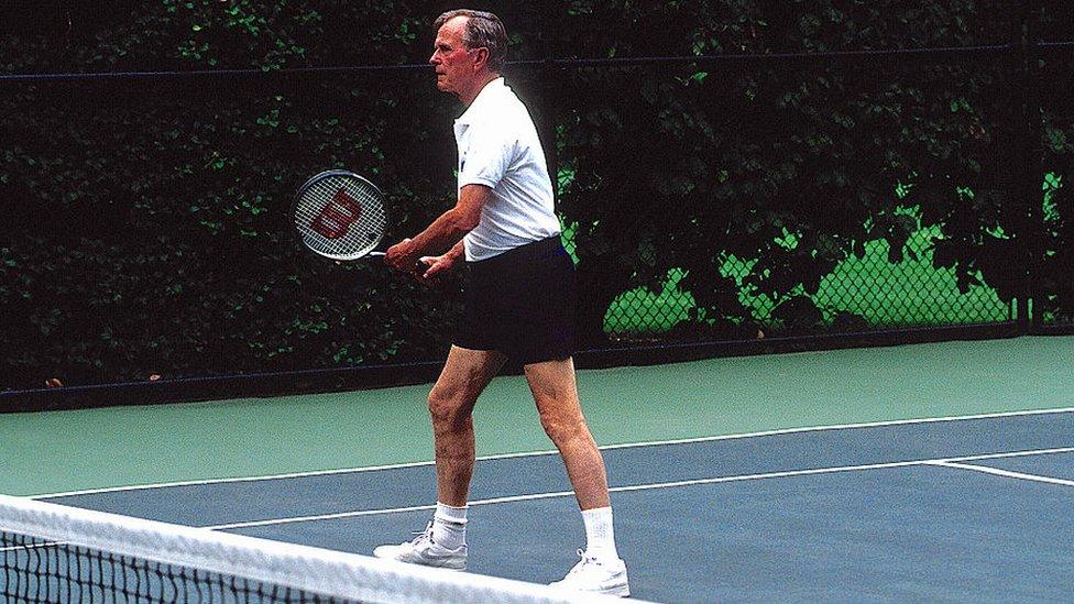 President George H W Bush plays tennis with South Korean President Roh Tae Woo in 1991