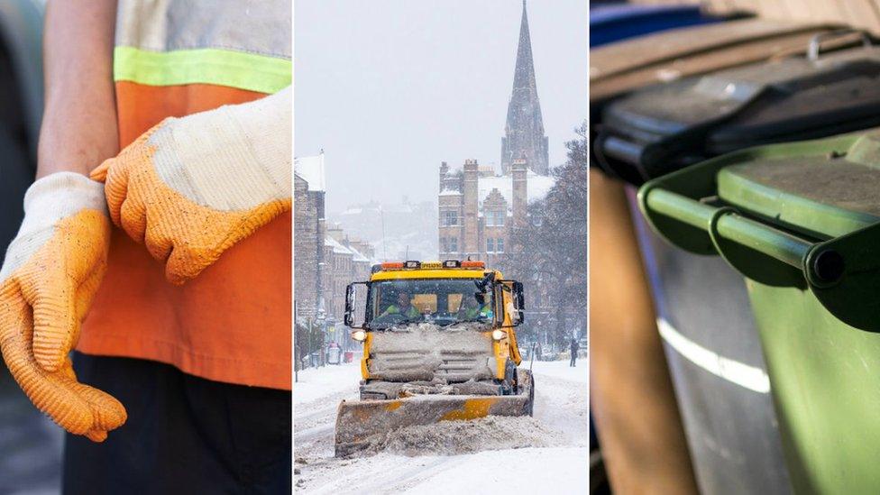 Council worker, city snow plough, bins