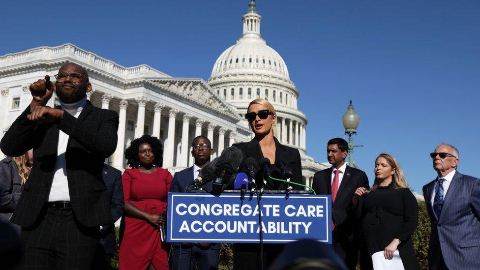 Actress and model Paris Hilton speaks during a news conference outside the U.S. Capitol October 20